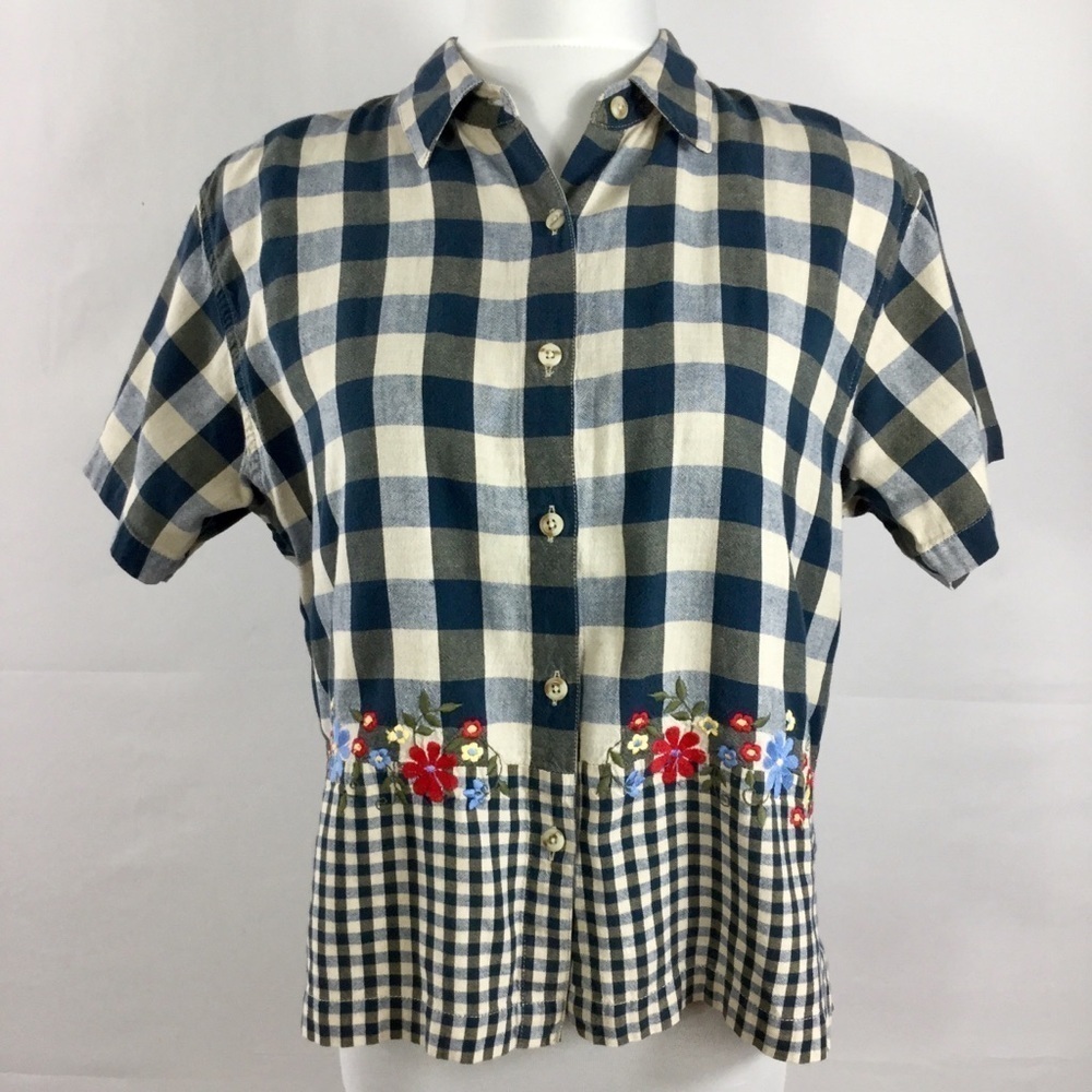 Vintage Cottagecore Buffalo Check Button Front Top Shirt Embroidered Size L - Picture 2 of 10